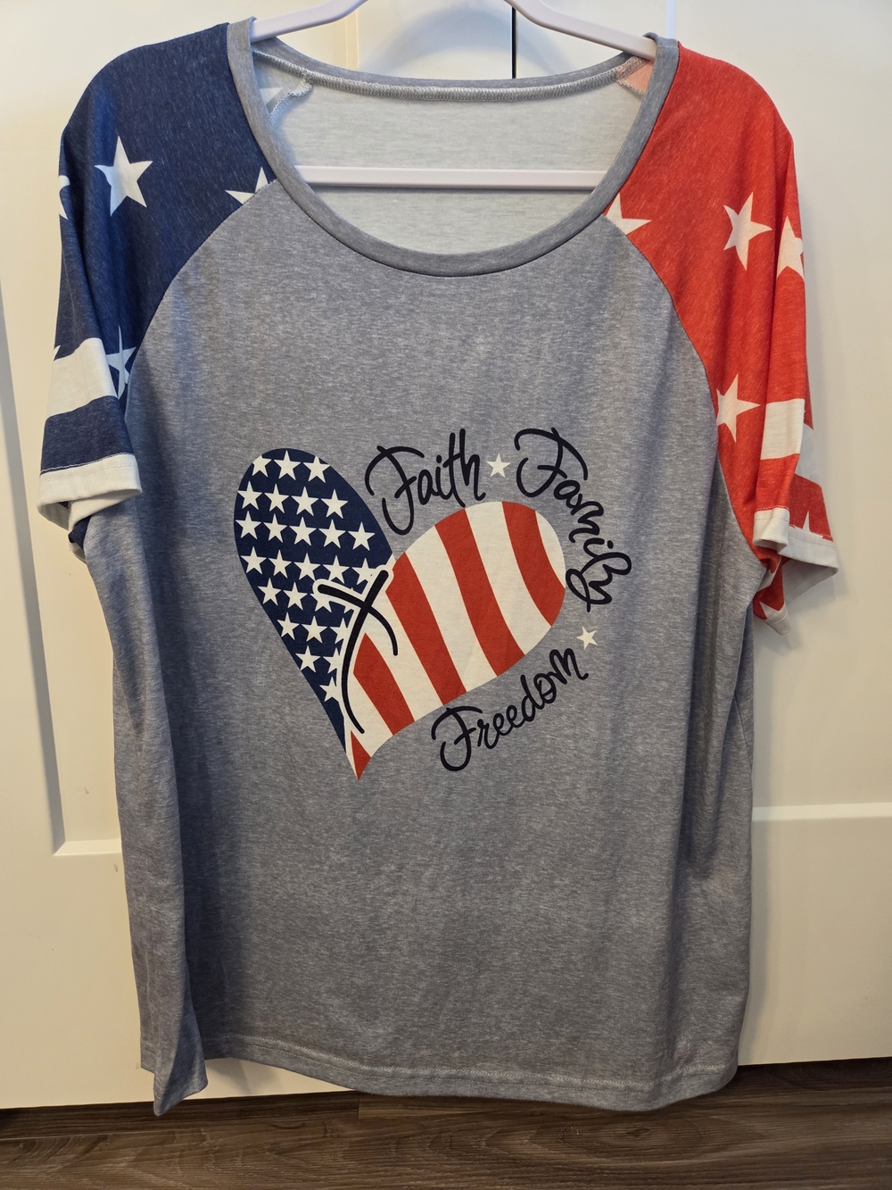 Patriotic 'Faith Family Freedom' Heart Raglan Tee - Red, White & Blue